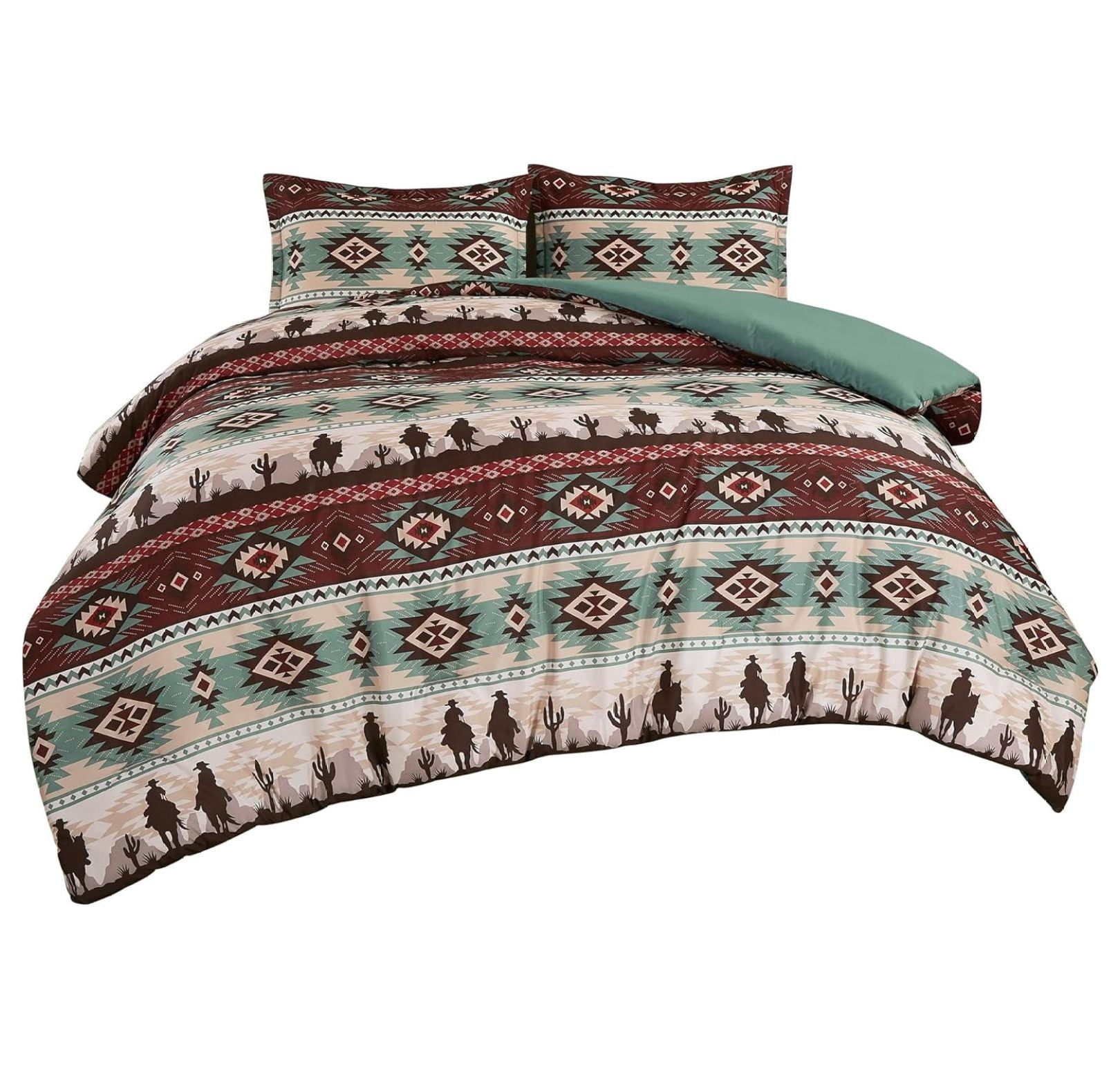 KeLiang Audun 2-Piece Southwestern Aztec Comforter Set - Multicolor Teal Brown Beige Tan Red Printed Washed Microfiber Bedding, Size