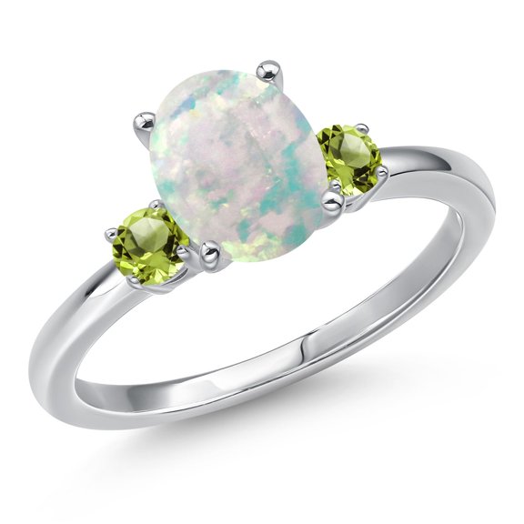 Gem Stone King 14K White Gold Simulated White Opal and Green Peridot Engagement Ring for Women | 1.24 Cttw | Oval Cabochon 9X7MM | Gemstone October Birthstone | Size 7