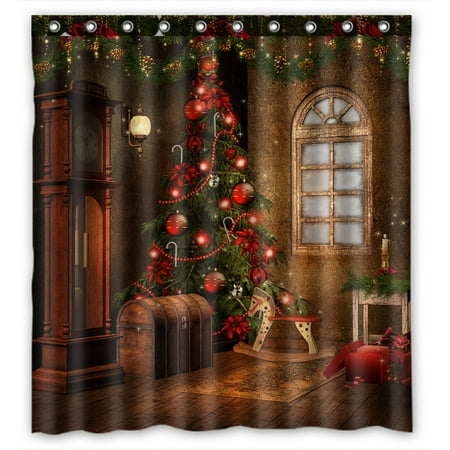 PHFZK Winter Holiday Shower Curtain, Merry Christmas Tree Vintage Style Polyester Fabric Bathroom Shower Curtain 66x72