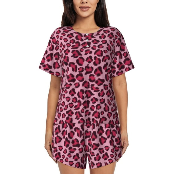 Balery Rose Leopard Print Conjunto de Pijama para Mujer con Estampado, Dos Piezas de Manga Corta y Shorts, Ropa de Dormir Suave con Cuello Redondo y Bolsillos-Medium