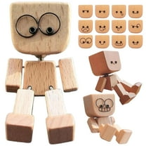 Shaking Wooden Man Figurine, New Wooden Robot Decor Funny Beech Wood Figurine for Office Desk, Car Dashboard Accessories with 12Pcs Magnetic Expressions