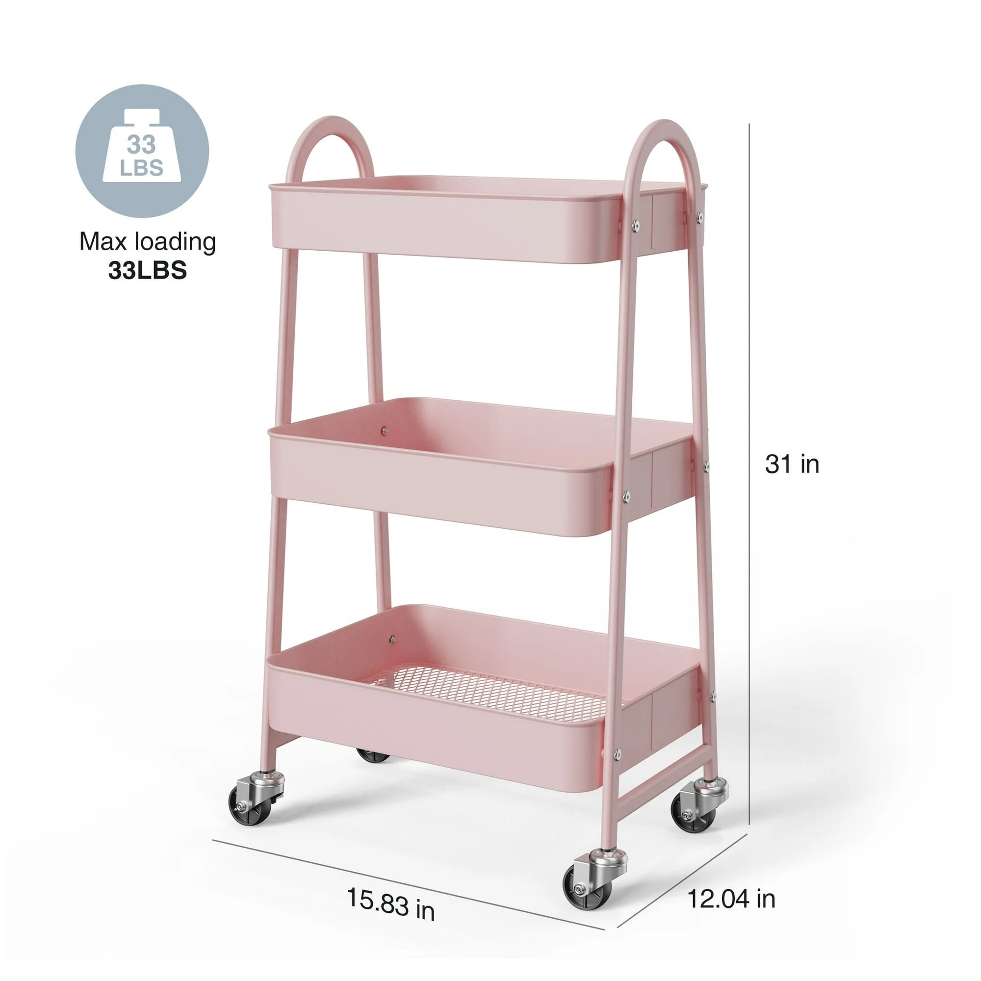 GIANNA 3 Tier Rolling Cart Organizer, Plastic Rolling Cart with Lockable Wheels & Reinforced Handle, Lightweight Utility Cart Storage Cart for Nursery, Kitchen, Bathroom, Craft Room