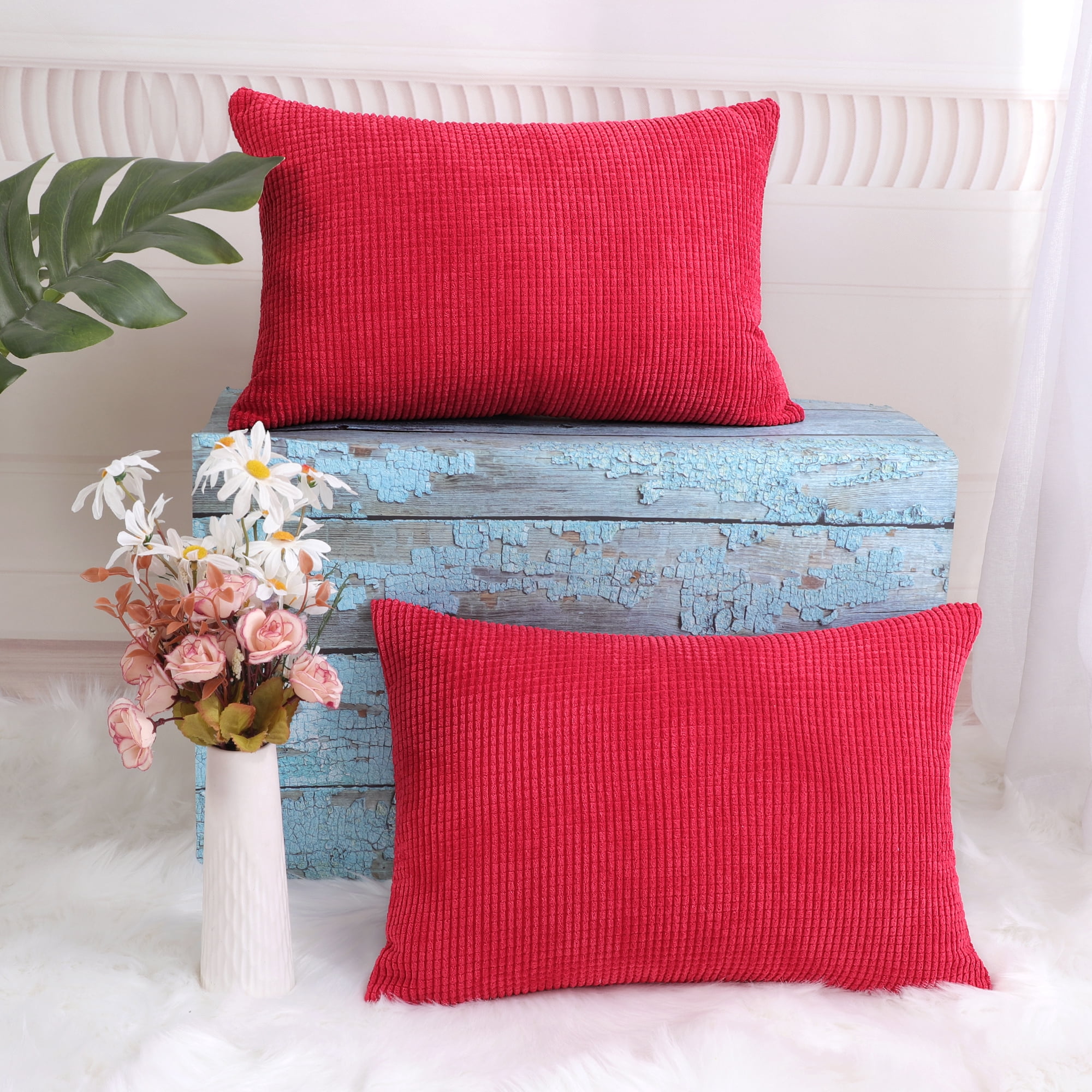 Unique Bargains 2-Pack Corduroy Decorative Throw Pillow Covers Red 12" x 18"