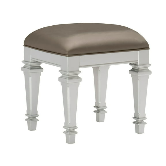 Leatherette Padded Vanity Stool with Tapered Legs and Molded Detail, Silver- Saltoro Sherpi