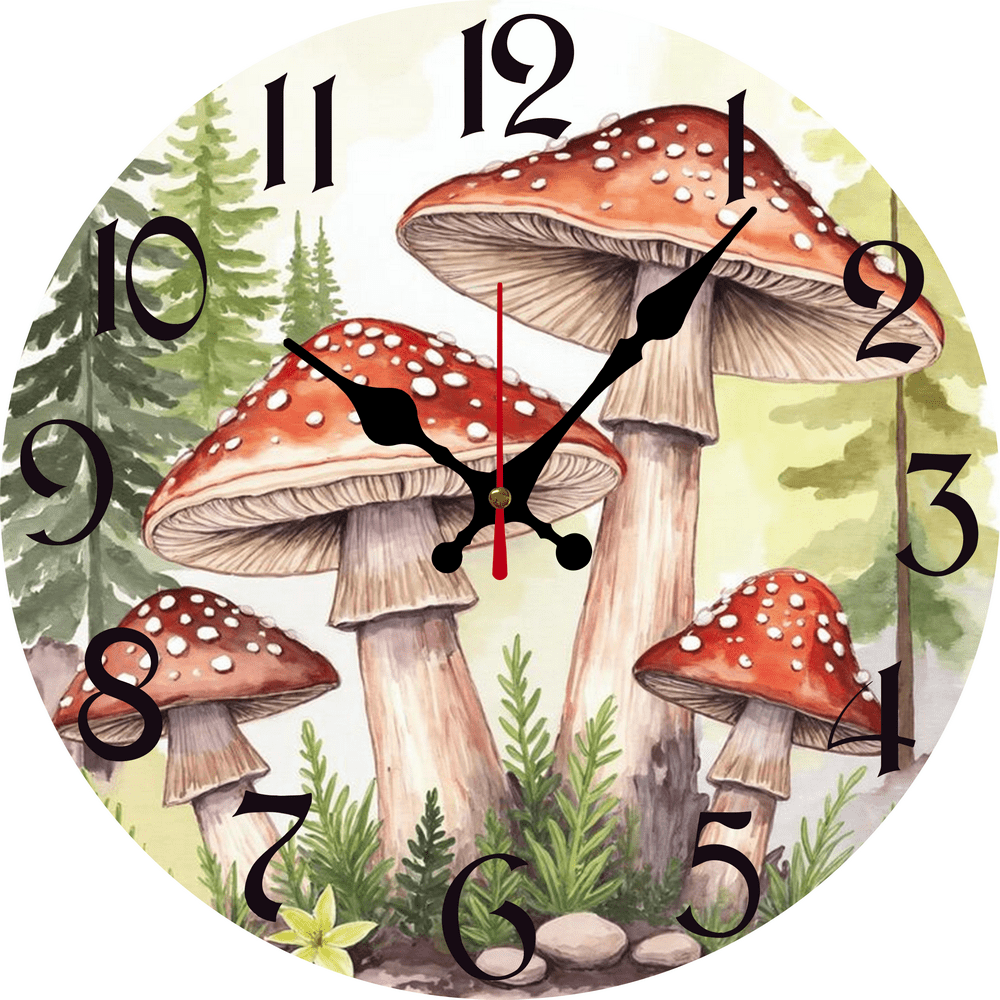 Eveokoki Mushrooms Forest Round Wall Clock  10 Inch Analog Quiet Non Ticking Desk Clock for Home Kitchen/Living Room/Bedroom/Bathroom/Office