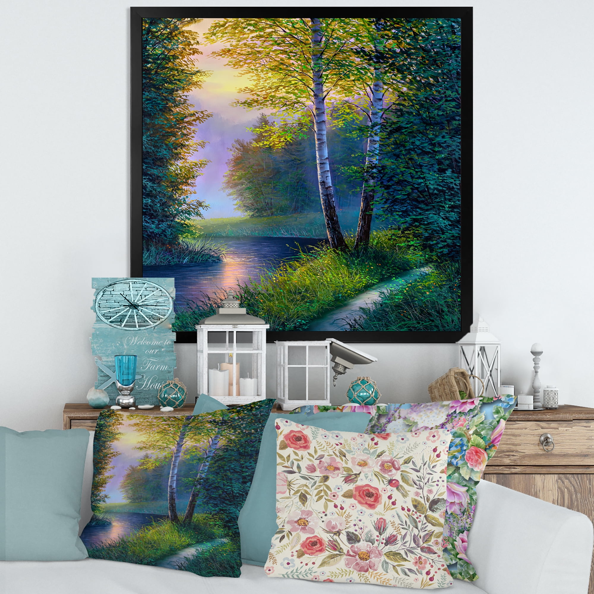 Designart 'Sunrise Glow Through The Birch Forest' Lake House Framed Art Print