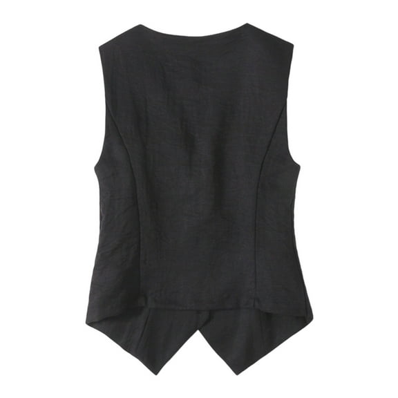 Womens V Neck Blazer Vest Linen Sleeveless Fitted Waistcoat Black XXXL