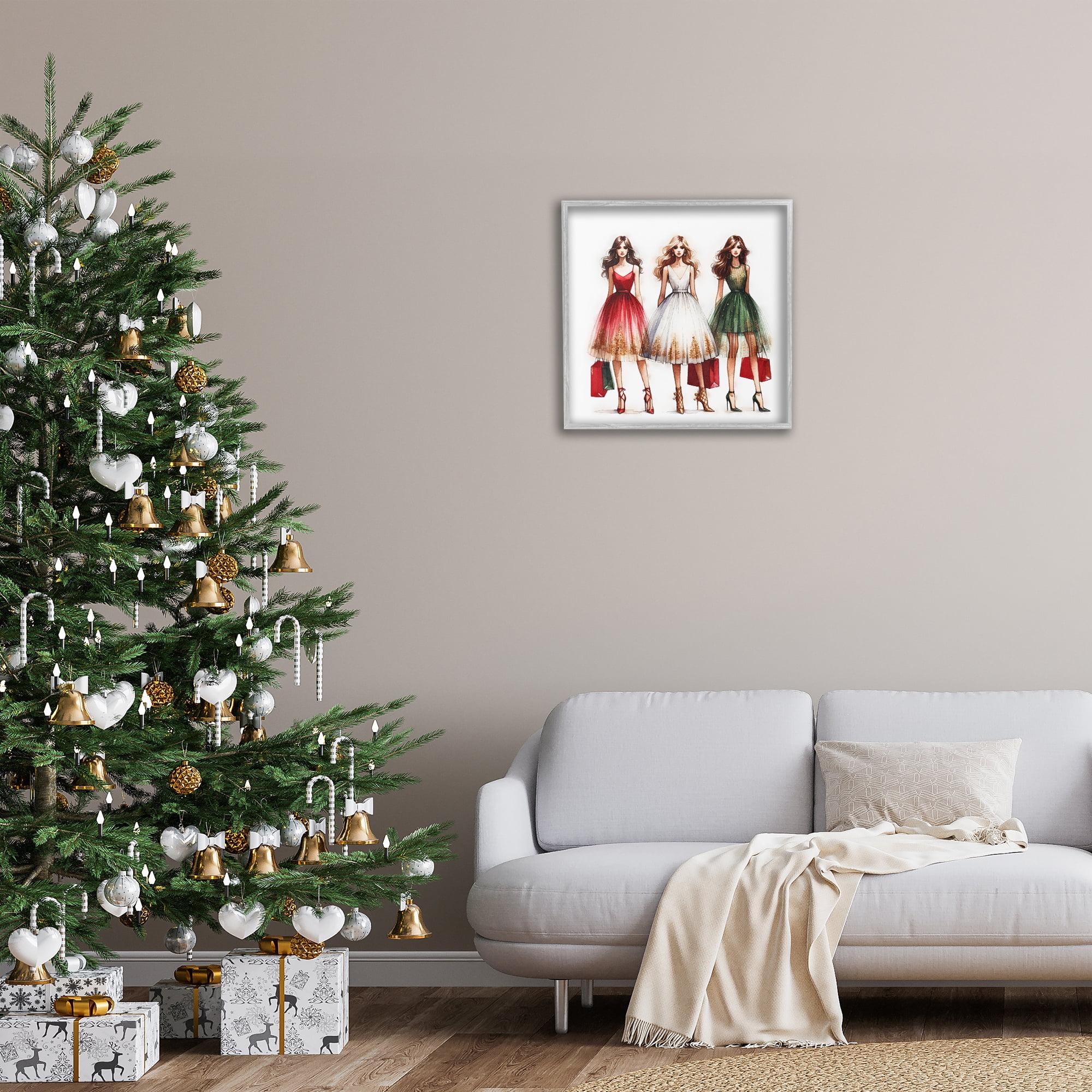 Stupell Industries Trendy Christmas Girls Holiday Painting Gray Framed Art Prints Wall Art, 24 x 24
