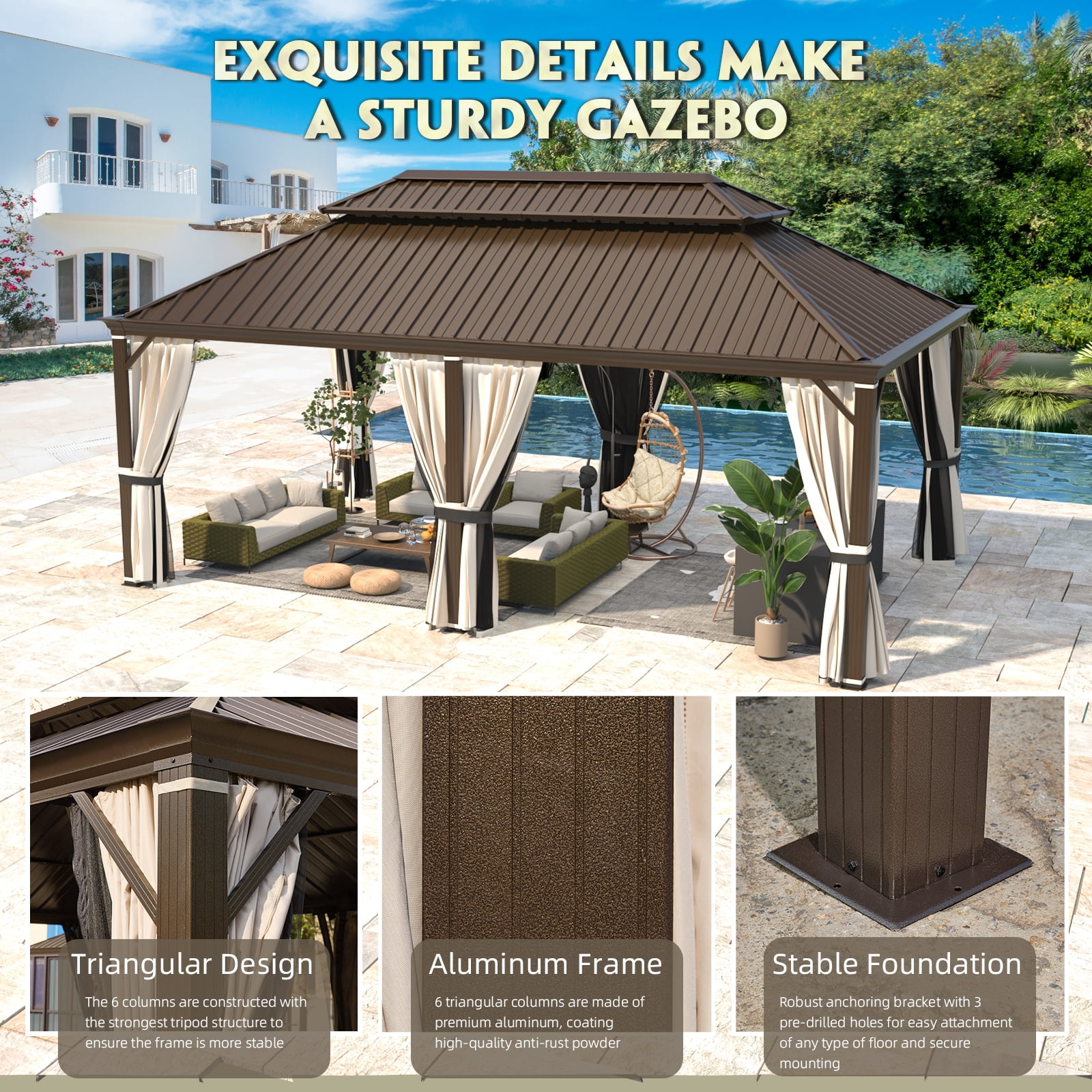 Hommow 12' x 20' Hardtop Gazebo with Steel Double Roof, Anti-Rust Coating Aluminum Frame Permanent Outdoor Waterproof Pavilion