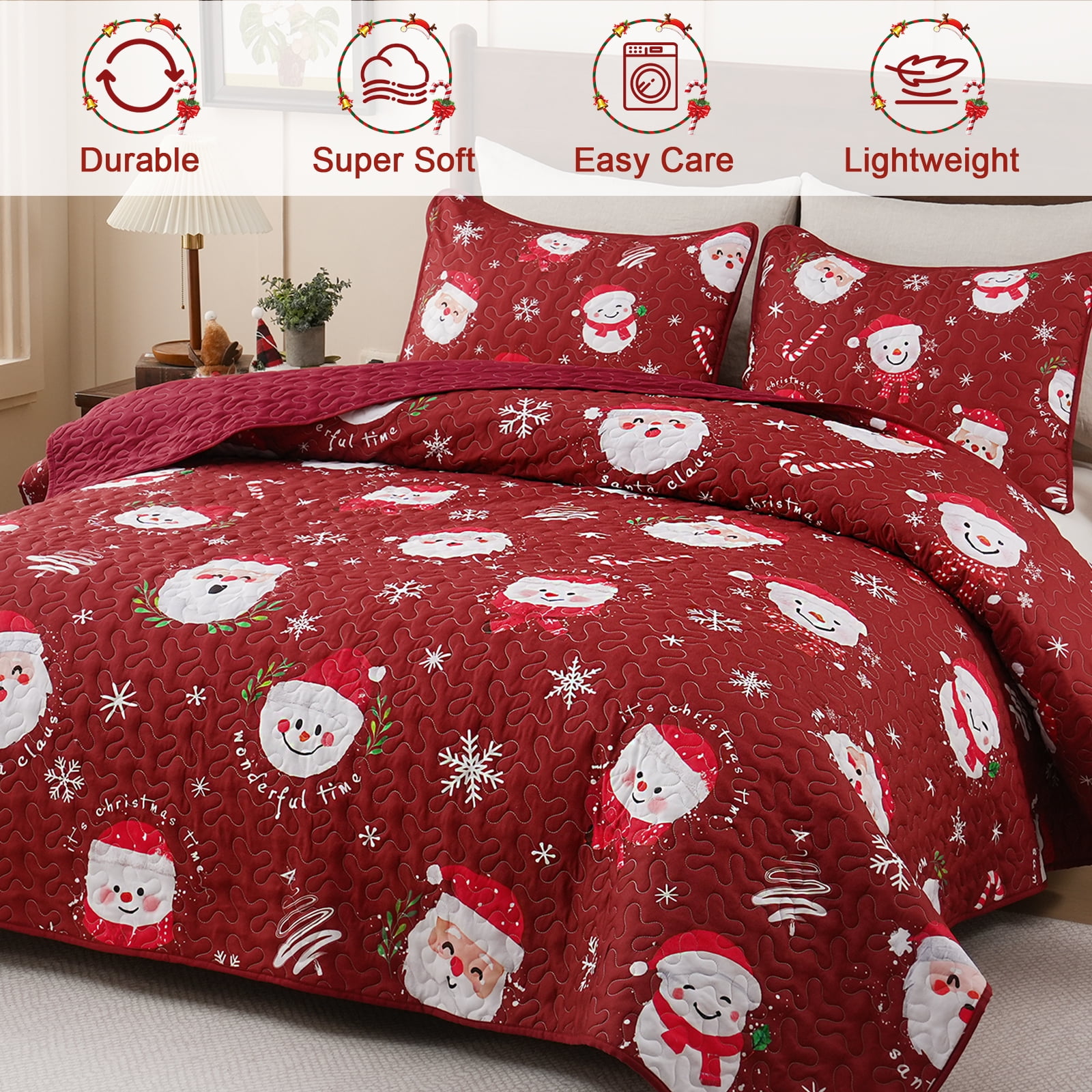 BLEUM CADE Christmas Quilts Queen Size 3 Piece, Santa Claus & Snowflake Quilt Bedding Set, Christmas Decor Soft Lightweight Bedspread Coverlet Set (1 Quilt, 2 Pillow Cases)