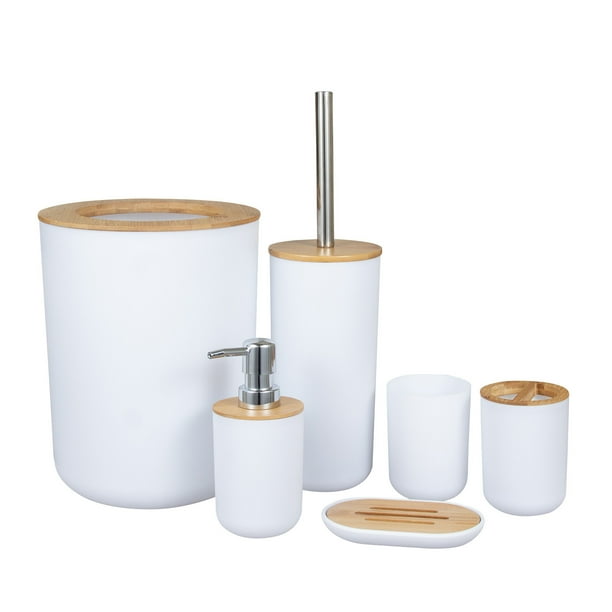 Baño Basura Cubidores Y Cestas de Desechos Set de Accesorios de Baño de 6 Piezas con Bomba de Jabón, Cepillo de Dientes, Cepillo de Inodoro, Basura, Tambor Y Jabón