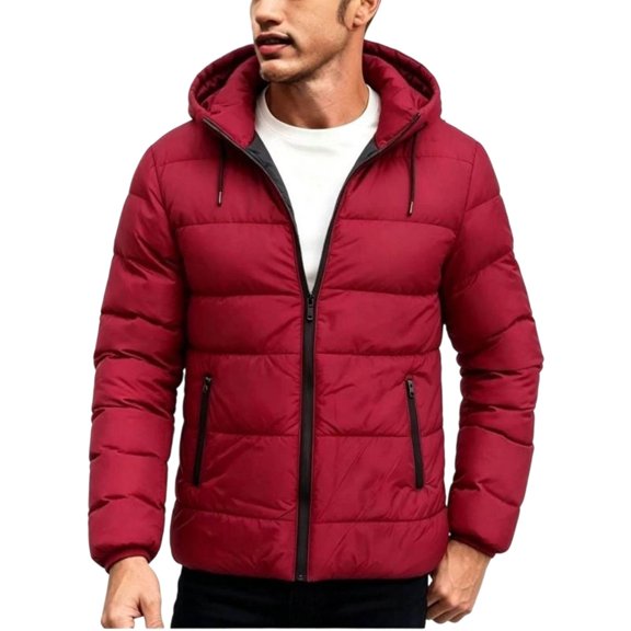 fatyb Mens Quilted Jacket Hooded Puffer Outerwear with Zipper Pockets Winter Warm Full Zip Snow Coat