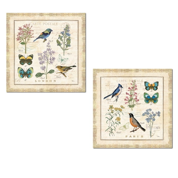 Nautical Beige Bird and Butterfly Adult Floral Decor; 2- 12" x 12" Unframed Prints