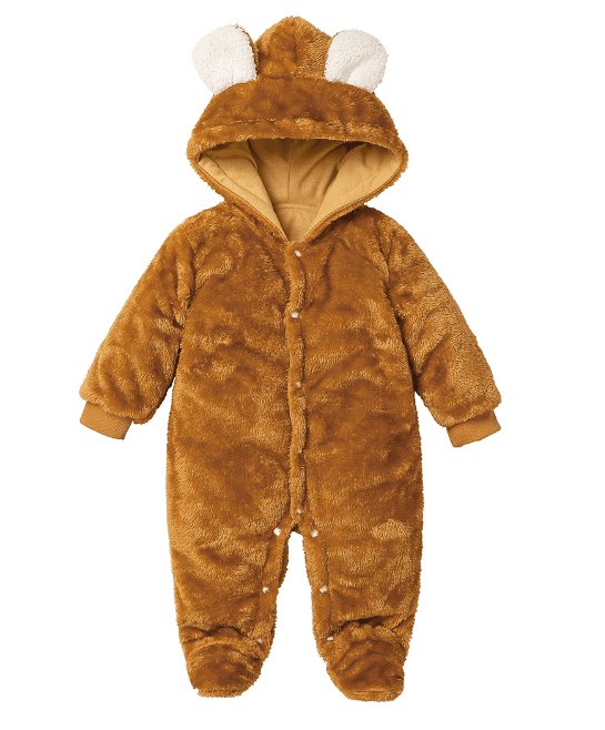 Winter Cute Baby Long Sleeve Jumpsuit Plush Single-breasted Bear Ear Hooded Long Pants Footies