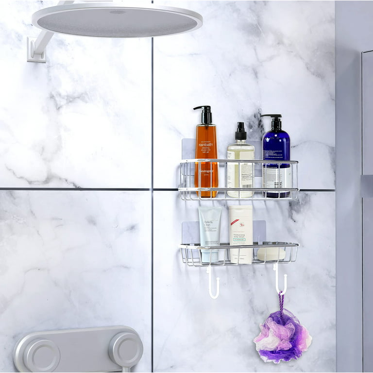 2 Pcs Adhesive Acrylic Corner Shower Caddy Shelf with Hooks Hollow Wall  Mounted No Drilling Clear Corner Shelf for Shower Kitchen Organizer