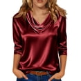 thumbnail image 1 of Hecho para Más Camisa Mujeres Elegante Draped Escote Plisado Cuello Satén Tres Cuartos de Manga Blusa, Suave Top Casual, 1 of 7