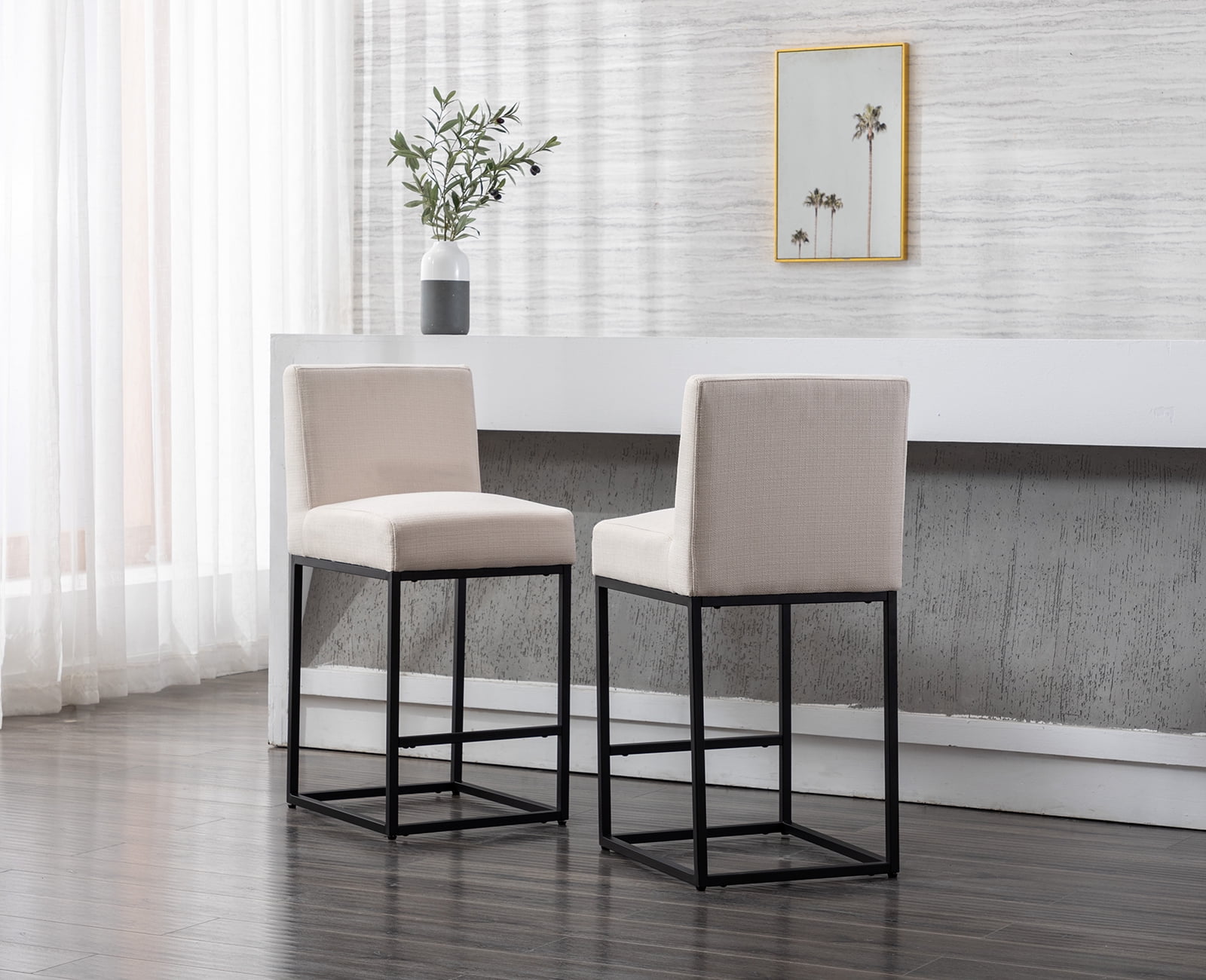 Guyou 27" Height Linen Upholstered Bar Stool Set of 2, Modern Metal Counter Height Stool with Mid Backrest and Footrest for Kitchen Island Bar Restaurant, Cream