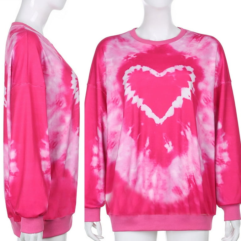 Women Long Sleeve O-Neck Sweatshirt Pink Heart Tie-Dye Women Long Sleeve O-Neck Sweatshirt Pink Heart Tie-Dye