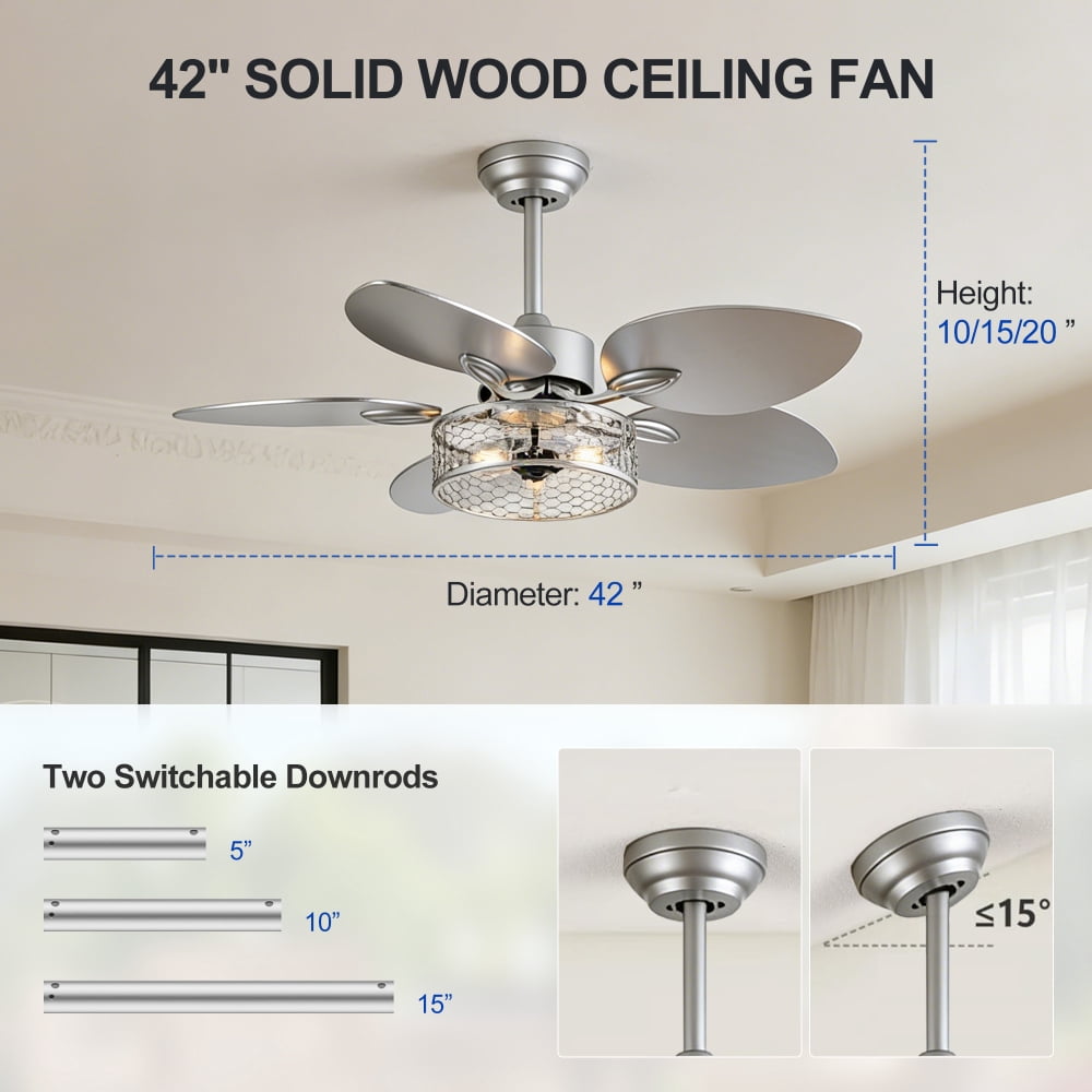 42" Ceiling Fan, Indoor  Ceiling Fan With Light with Remote Control, Noiseless Reversible Motor, 6 Speed ,3 for Patio Living Room, Bedroom, Office,Indoor--Sliver