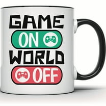 Game On World Off Gamer Mug - Funny Gaming Lover Gift - Video Game Player Present - Cute Game Controller Coffee Mug for Gamers - 11 Ounce Black Rim Handle Novelty Coffee Cup - WMUG1241-BLK