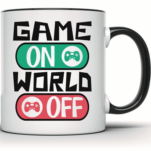 Game On World Off Gamer Mug - Funny Gaming Lover Gift - Video Game Player Present - Cute Game Controller Coffee Mug for Gamers - 11 Ounce Black Rim Handle Novelty Coffee Cup - WMUG1241-BLK