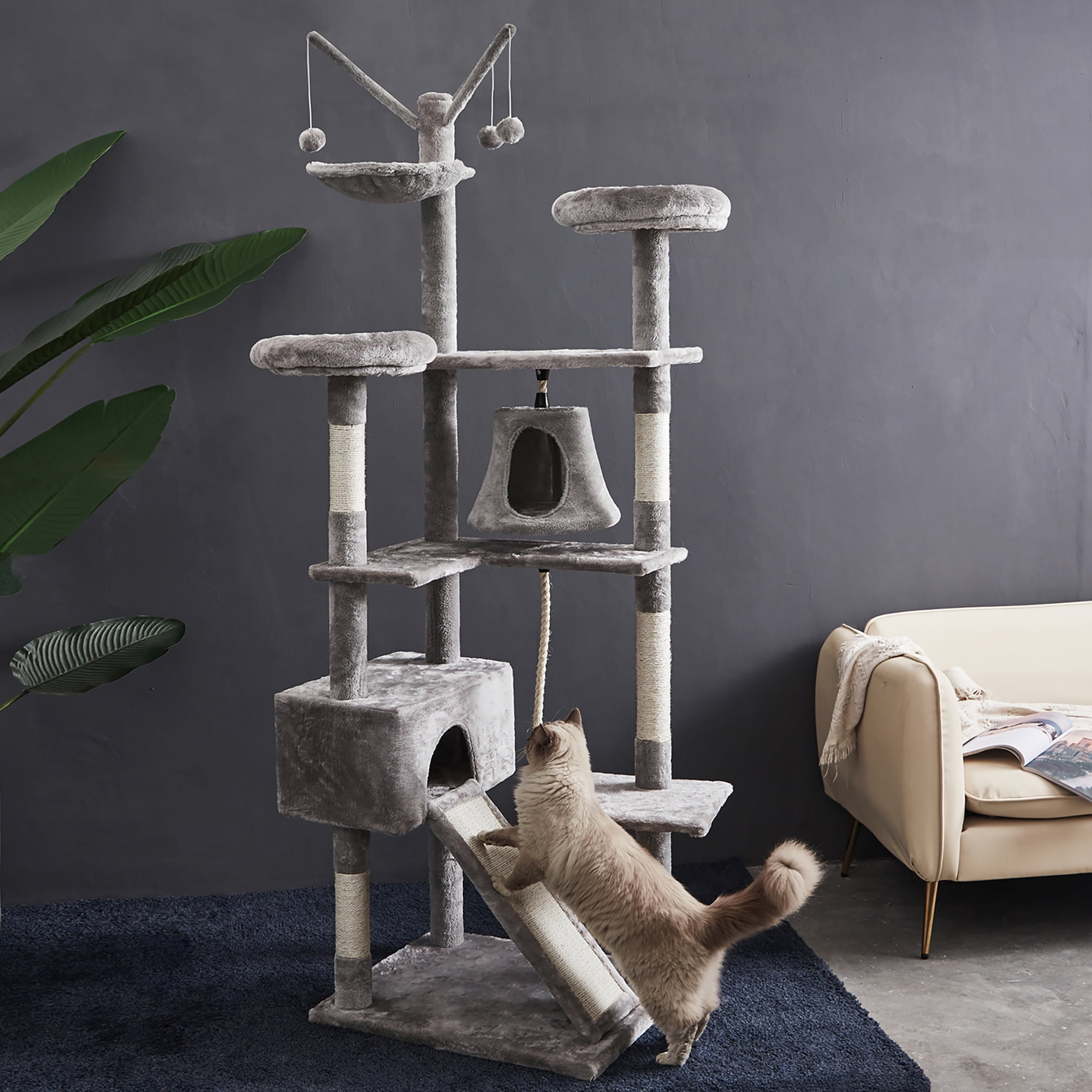 Cat Tree Cat Tower Tall Cat Climbing Stand with Plush Perch & Toys for Play Rest,75 inch Multi