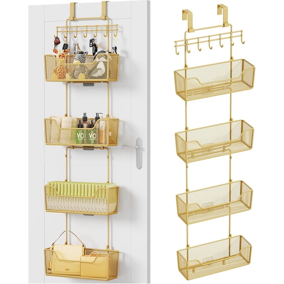 Over The Door Organizer - Hanging Door Organizer with 4 Metal Large Capacity Baskets and Adjustable Coat Hook for Bathroom Bedroom Kitchen Pantry Closet Cabinet