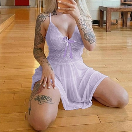 

MRULIC lingerie for women Women s Lingerie Sleepwear Ladies Babydoll Lace Underwear Night Dress Purple + L