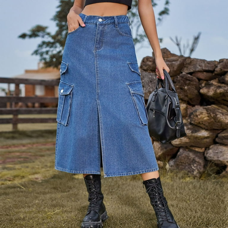 【DIAGONAL】CARGO DIVIDED DENIM SKIRT BLVB Women's Denim Cargo Skirt Casual High Waisted Split