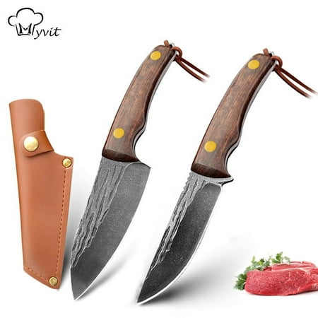 Fixed Blade Knife with High Carbon Steel Blade 2PCS Full Tang Mini Hunting Knife with Leather Sheath Wood Handle and Paracord Lanyard for Outdoor Survival Camping Bushcraft Butcher Knives