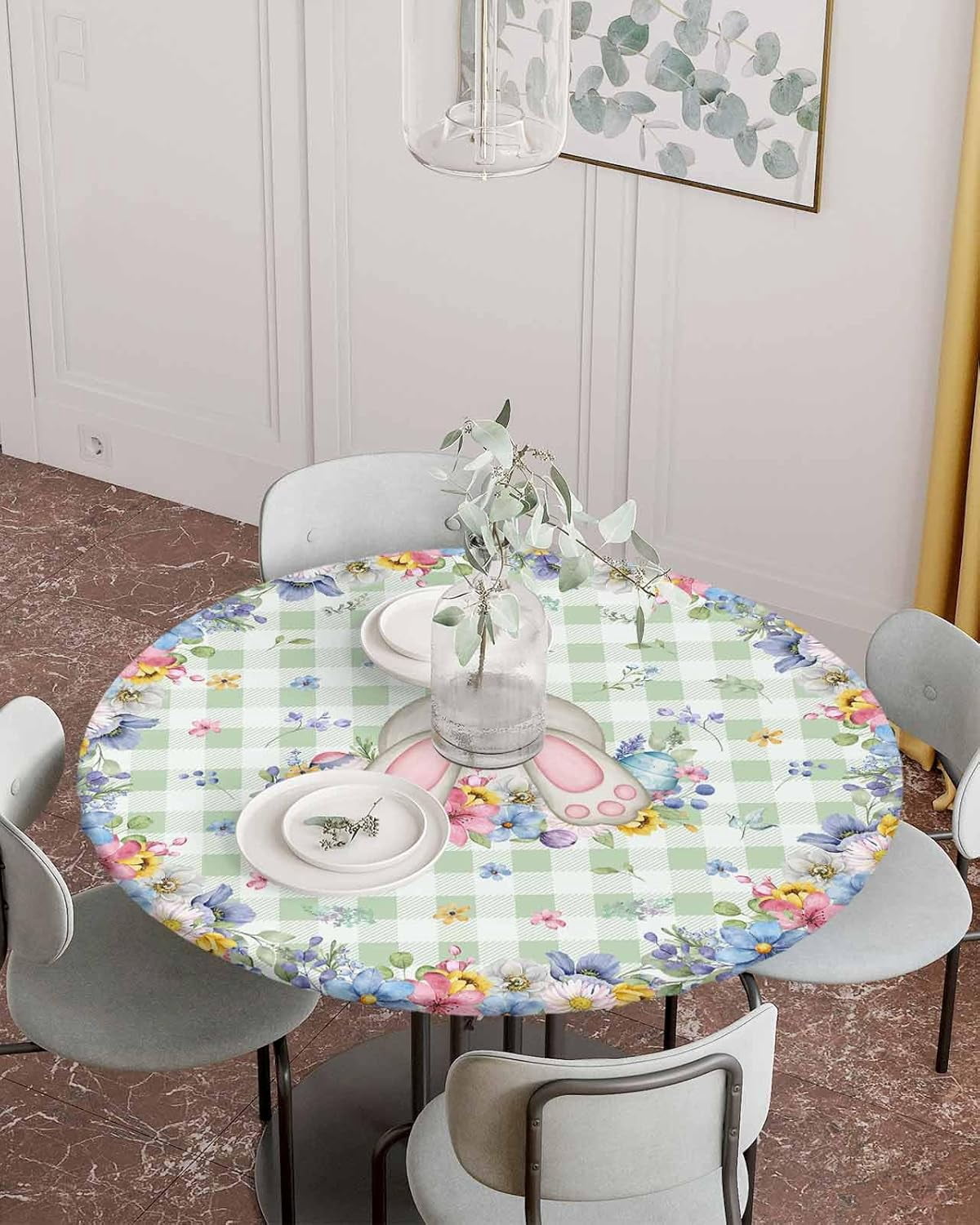 Happy Easter Fitted Round Tablecloth Bunny Tail Spring Flower Waterproof Oilproof Table Cloth with Elastic Edge Green Checker Table Covers for Indoor Outdoor Tables Decor Fits 36"-44",Small