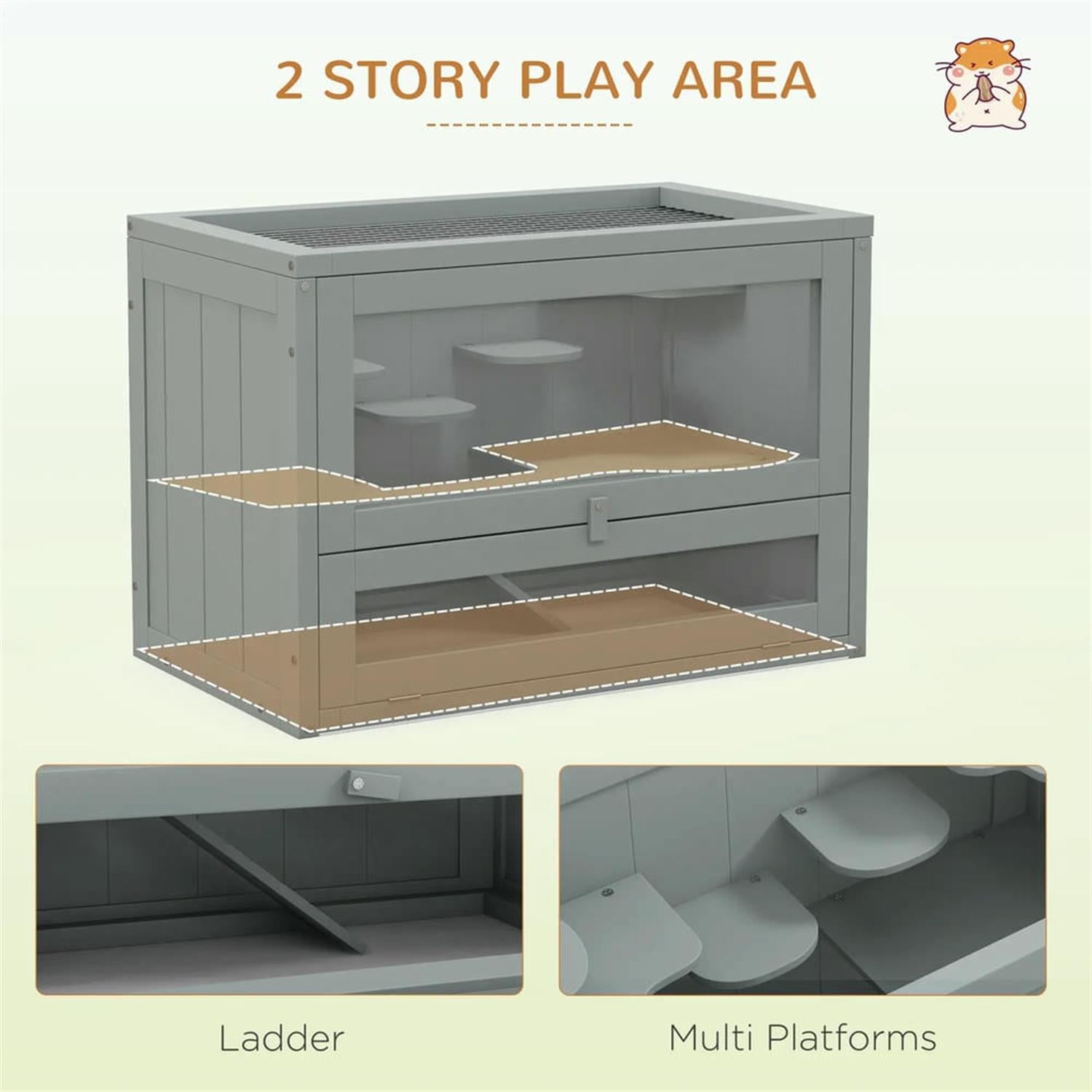 Kadyn 23" Wooden Hamster Cage with Openable Top, Door, Shelf, Ladder, 2-Level Small Animal Habitats for Guinea Pig Cages, Gray