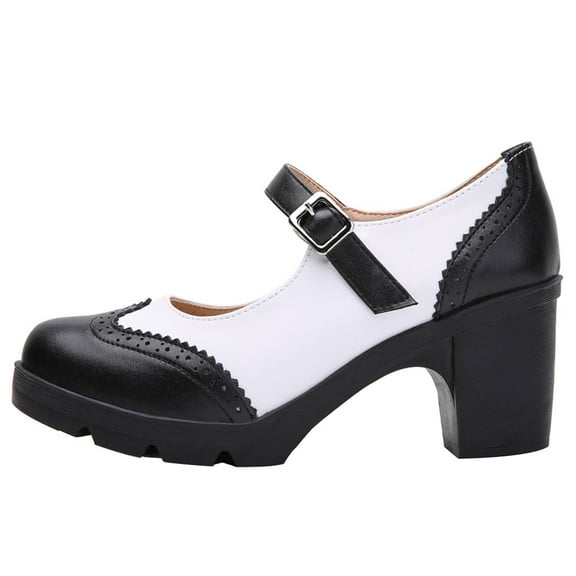 Masteelf 1 Pair Woman's British All- Chunky Heel Shoes Black White