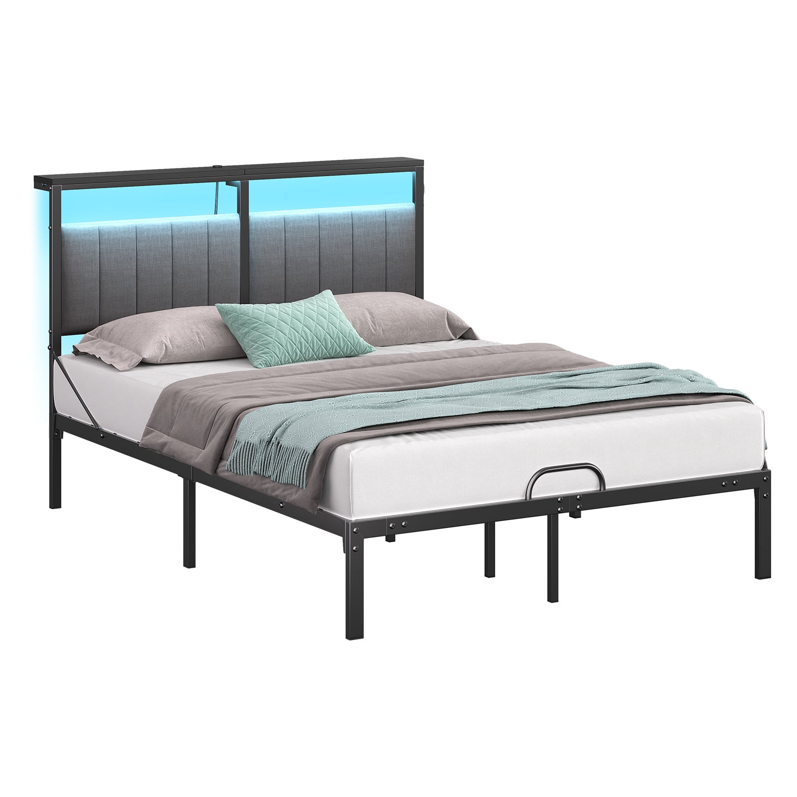 Full Size Bed with Upholstered Headboard | Bestier Metal Platform Bedframe with LED Lights, USB Charging Station & Storage Shelf, Gray Fabric