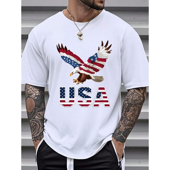 Patriotic American Flag Eagle Print Men's T-Shirt 100% Cotton, Stylish And Comfortable For Independence Day Celebrations, Festive USA Apparel For Men
