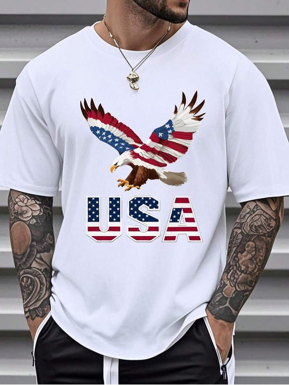 Patriotic American Flag Eagle Print Men's T-Shirt 100% Cotton, Stylish And Comfortable For Independence Day Celebrations, Festive USA Apparel For Men