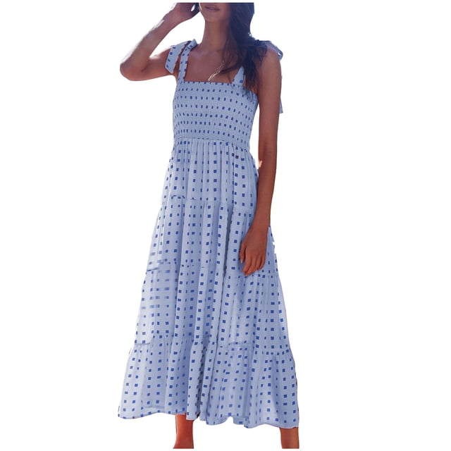 Yuyuzo Robe Maxi Boho pour Femmes 2025 Bretelles Spaghetti Réglables Robe Longue Col Carré à Volants Robe de Plage