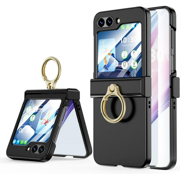 Compatible with Samsung Galaxy Z Flip 6 Case (Built-in Back Screen Protector) with Hinge Protection & Ring Kickstand, Slim and Thin Protective Case Cover for Z Flip 6 5G(Black)