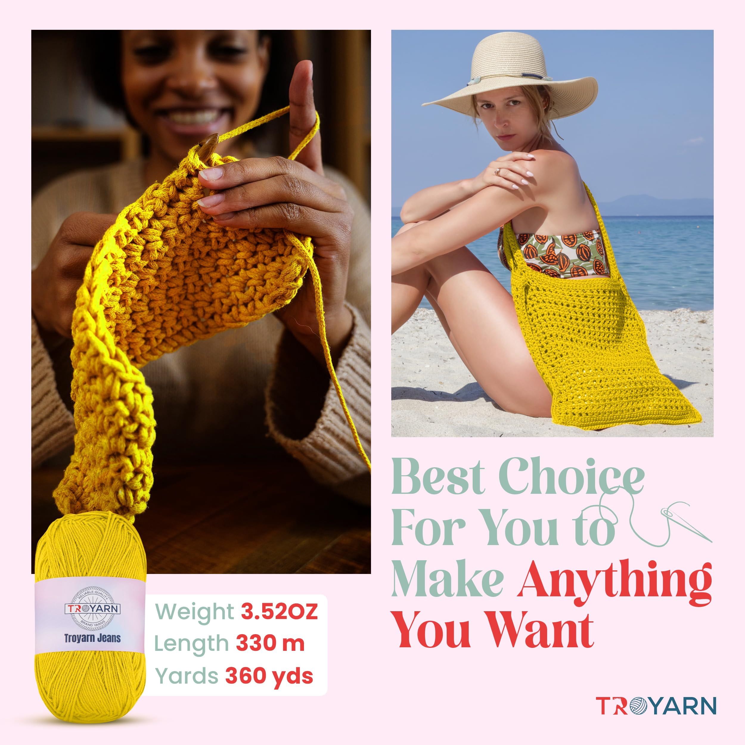 60% Cotton 40% Acrylic Crochet Yarn - 1 Skien Bulk Yarn - Yellow, Soft Fine/Sport Yarn for Crocheting/Knitting Yarn - Ideal for Amigurumi Dolls and Baby Garments
