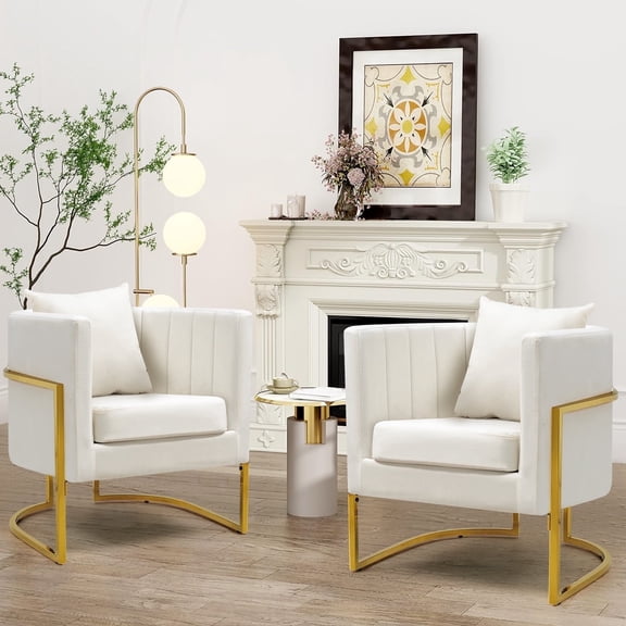 Velvet Accent Barrel Chairs Set of 2, Modern Arm Club Chair Set with Pillow for Living Room/Bedroom/Guest Reception, Channel Tufted, Gold Finish Base, White