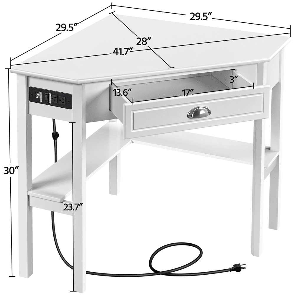 Yaheetech Corner Computer Desk Workstation with Power Outlet Storage Drawer, White