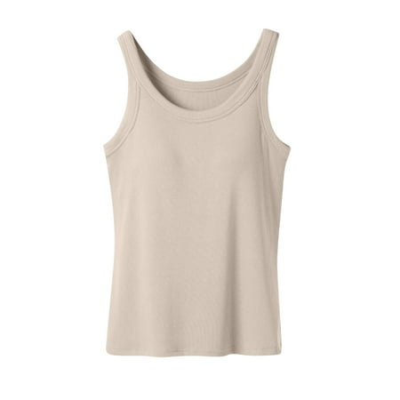 Ribbed Cotton Tank Top with Built in Bra for Women Shelf Bra Camisole Tops Workout Tops Cami Bra Padded Tank Top Sports Bras Beige XL