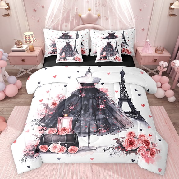 Castle Fairy Romantic Eiffel Tower Twin Bedding Sets,Black Pink Bedding Comforter Set