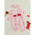 thumbnail image 4 of Newborn Baby Girl Valentines Day Outfit Bow Heart Ruffle Cotton Linen Jumpsuit  Long Sleeve Romper Playsuit with Headband, 4 of 8