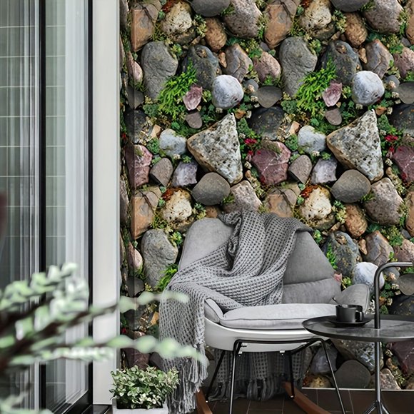 1 Roll Self-Adhesive 3D Green Plant & Stone Pattern Wallpaper - Waterproof Removable Peel and Stick Living Room Kitchen Bedroom Dormitory Furniture Refurbishment Aesthetic Wallpaper