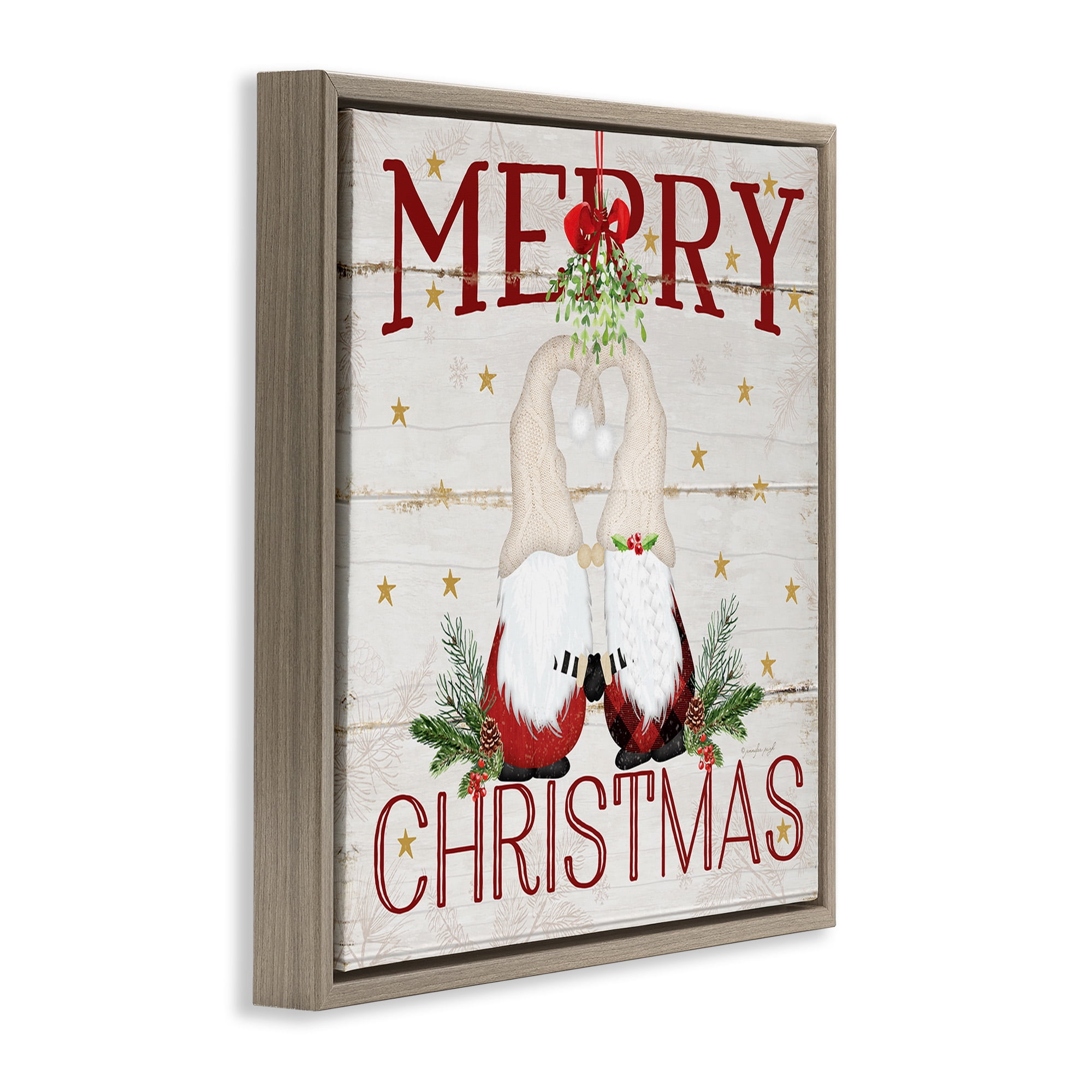 Stupell Industries Holiday Gnomes Under Mistletoe Holiday Painting Brown Floater Framed Canvas Art Print Wall Art, 18 x 18
