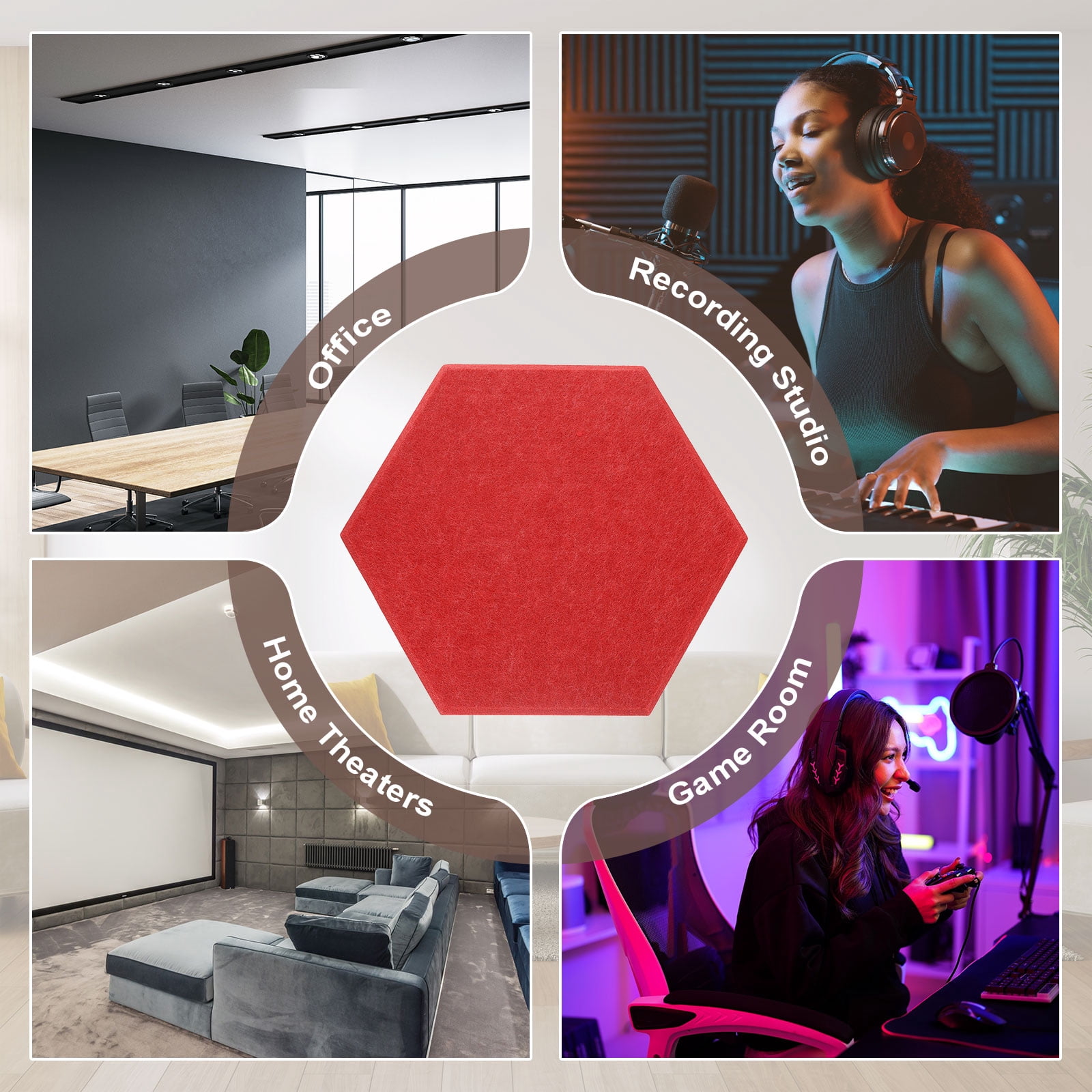 Uxcell 12pcs Acoustic Panels 10.2" x 11.8" x 0.3" Hexagon Self Adhesive Sound Proof Wall Panels High Density Sound Deadening Foam Panel for Home Office Recording Room Studio, Red