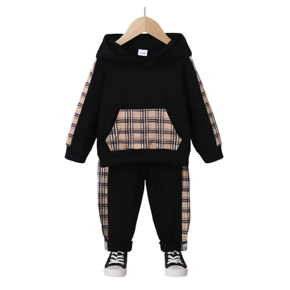 KIMI BEAR 4T Toddler Boys Pant Sets 5T Toddler Boys Fall Winter Outfits Long Sleeves Hoodie Plaid Hooded Top   Patchwork Pants Black