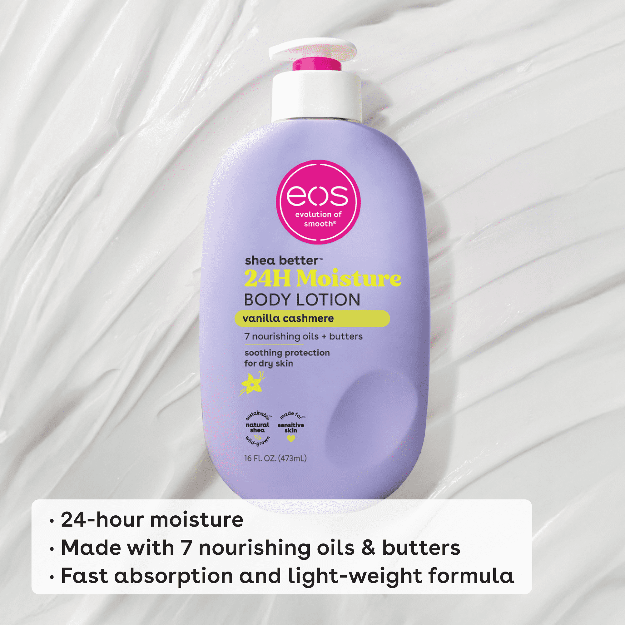 eos Shea Better Loción Corporal Hidratante 24H, Vainilla Cashmere, para Piel Seca, 16 fl oz