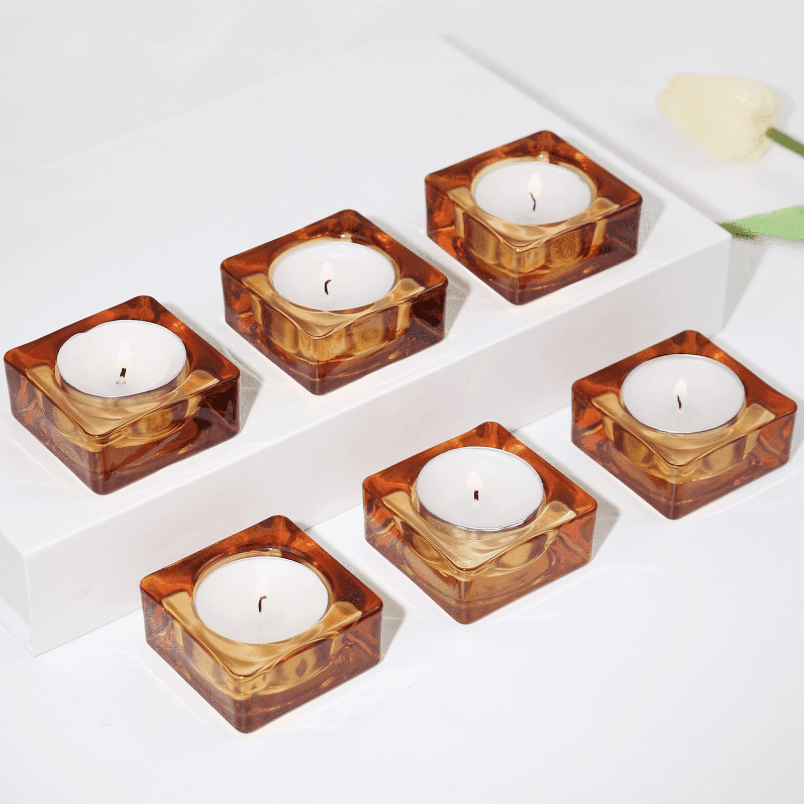 HofferRuffer 6-Piece Glass Amber Square Candle Holders for Home Decor Wedding Festival